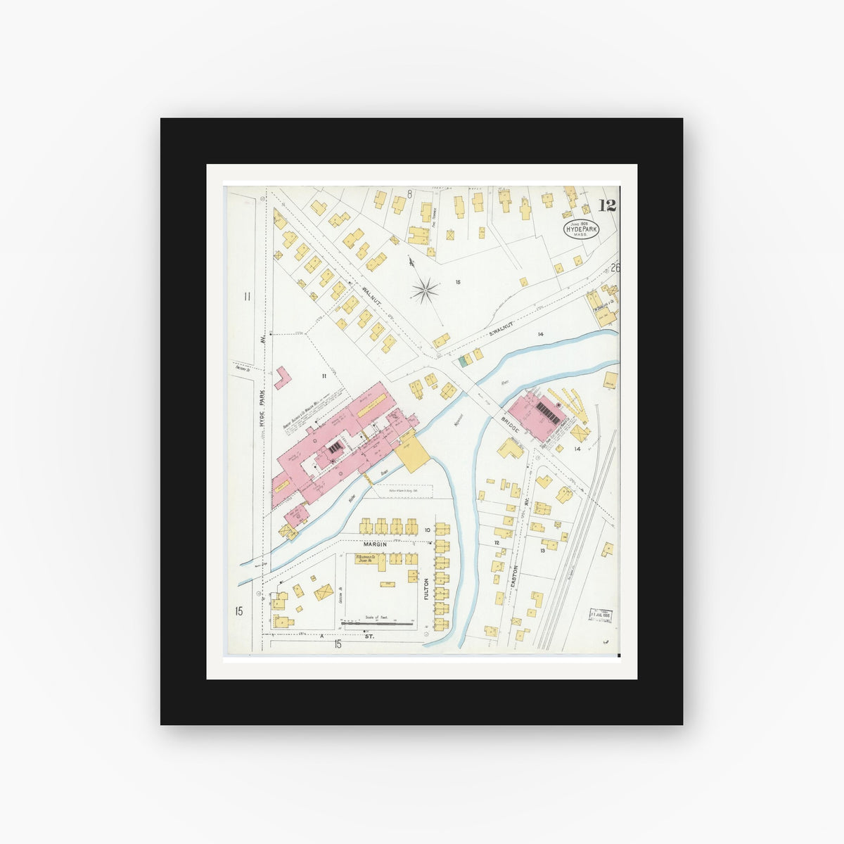 Old map wall art mockup — black gallery frame with white mat — Sanborn Fire Insurance Map from Hyde Park, Norfolk County, Massachusetts (1905), Sheet #0012