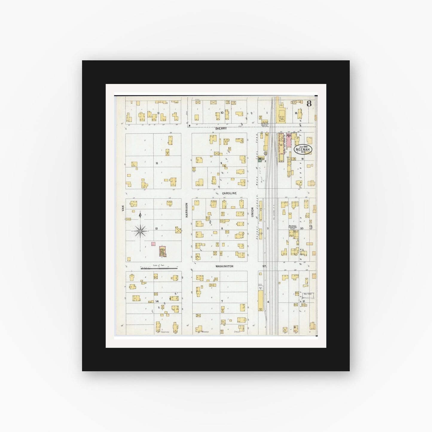 Old map wall art mockup — black gallery frame with white mat — Sanborn Fire Insurance Map from Neenah, Winnebago County, Wisconsin (1900), Sheet #0008
