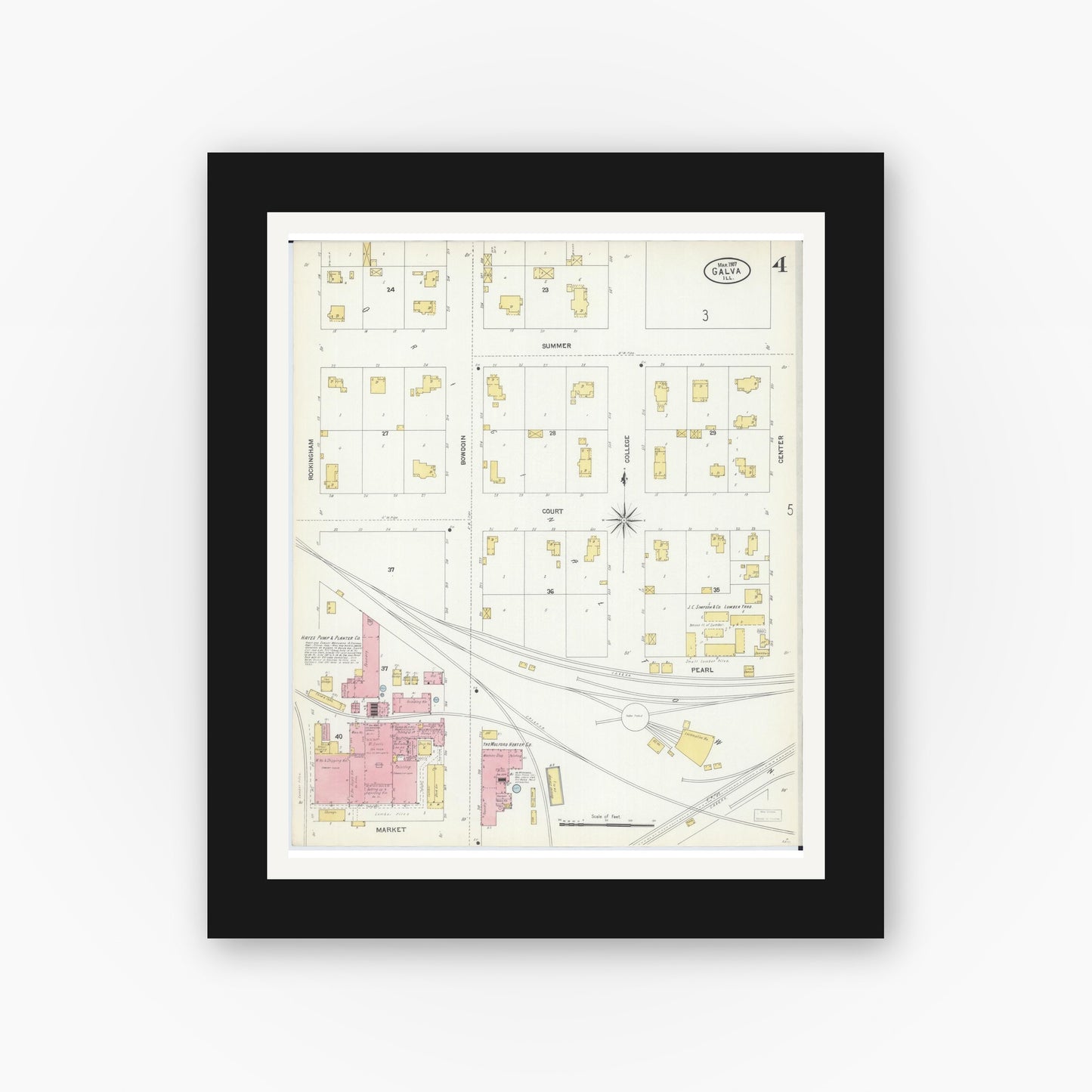 Old map wall art mockup — black gallery frame with white mat — Sanborn Fire Insurance Map from Galva, Henry County, Illinois (1907), Sheet #0004
