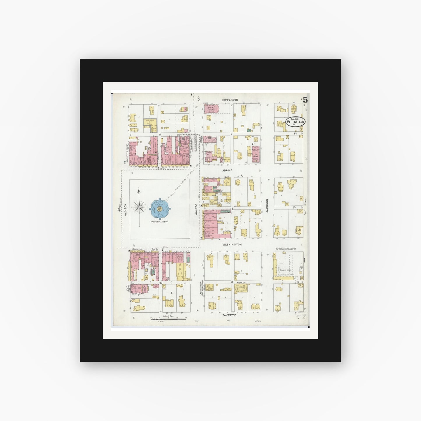 Old map wall art mockup — black gallery frame with white mat — Sanborn Fire Insurance Map from Pittsfield, Pike County, Illinois (1905), Sheet #0005