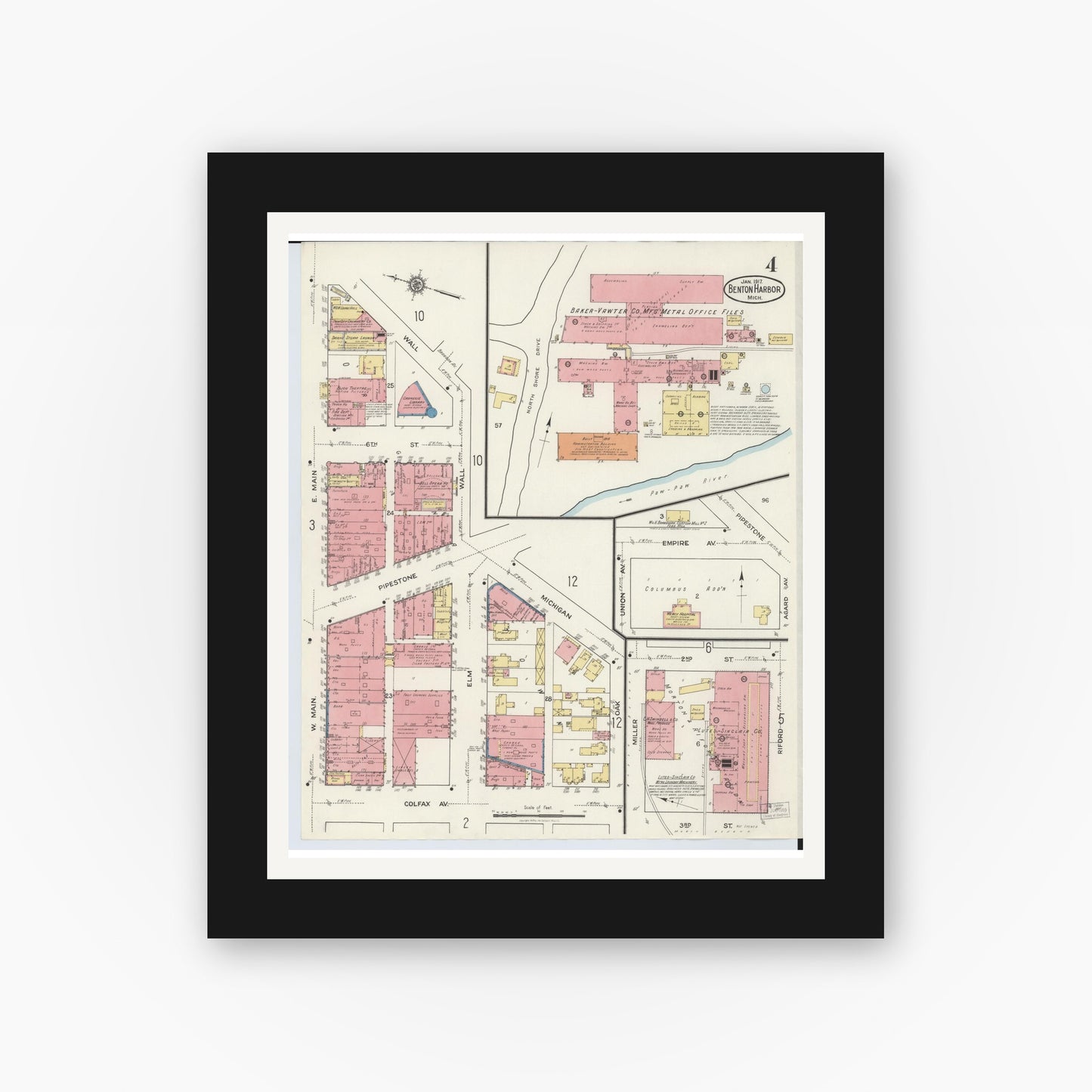 Old map wall art mockup — black gallery frame with white mat — Sanborn Fire Insurance Map from Benton Harbor, Berrien County, Michigan (1917), Sheet #0004