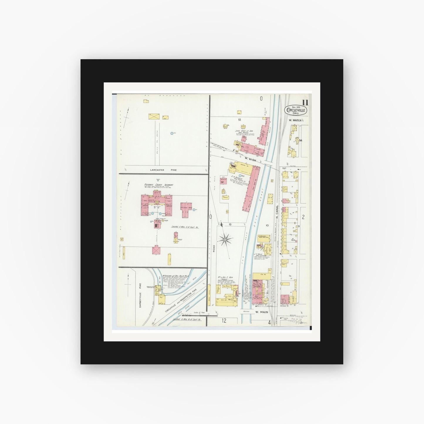 Old map wall art mockup — black gallery frame with white mat — Sanborn Fire Insurance Map from Circleville, Pickaway County, Ohio (1899), Sheet #0011