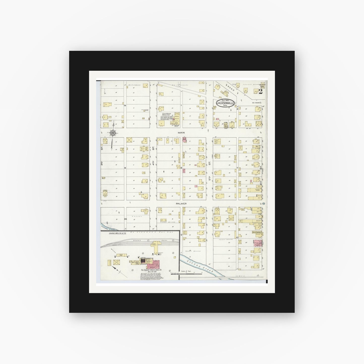 Old map wall art mockup — black gallery frame with white mat — Sanborn Fire Insurance Map from Jacksonville, Athens County, Ohio (1913), Sheet #0002