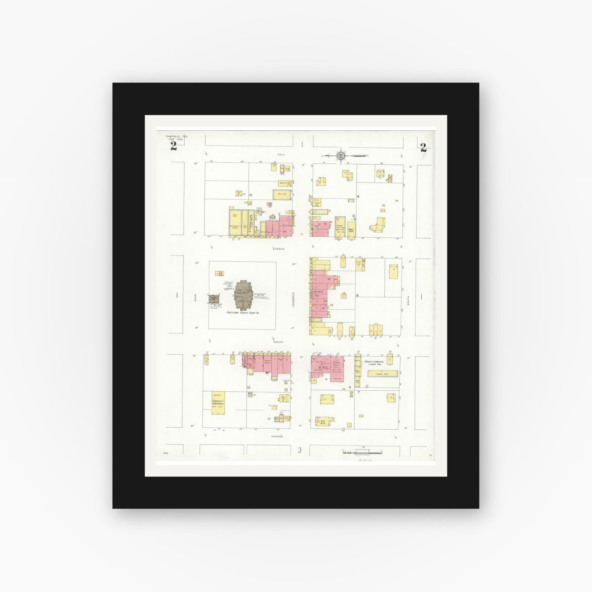 Old map wall art mockup — black gallery frame with white mat — Sanborn Fire Insurance Map from Fairfield, Freestone County, Texas (1934), Sheet #0002