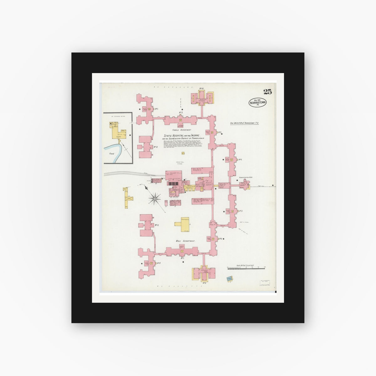 Old map wall art mockup — black gallery frame with white mat — Sanborn Fire Insurance Map from Norristown, Montgomery County, Pennsylvania (1902), Sheet #0025