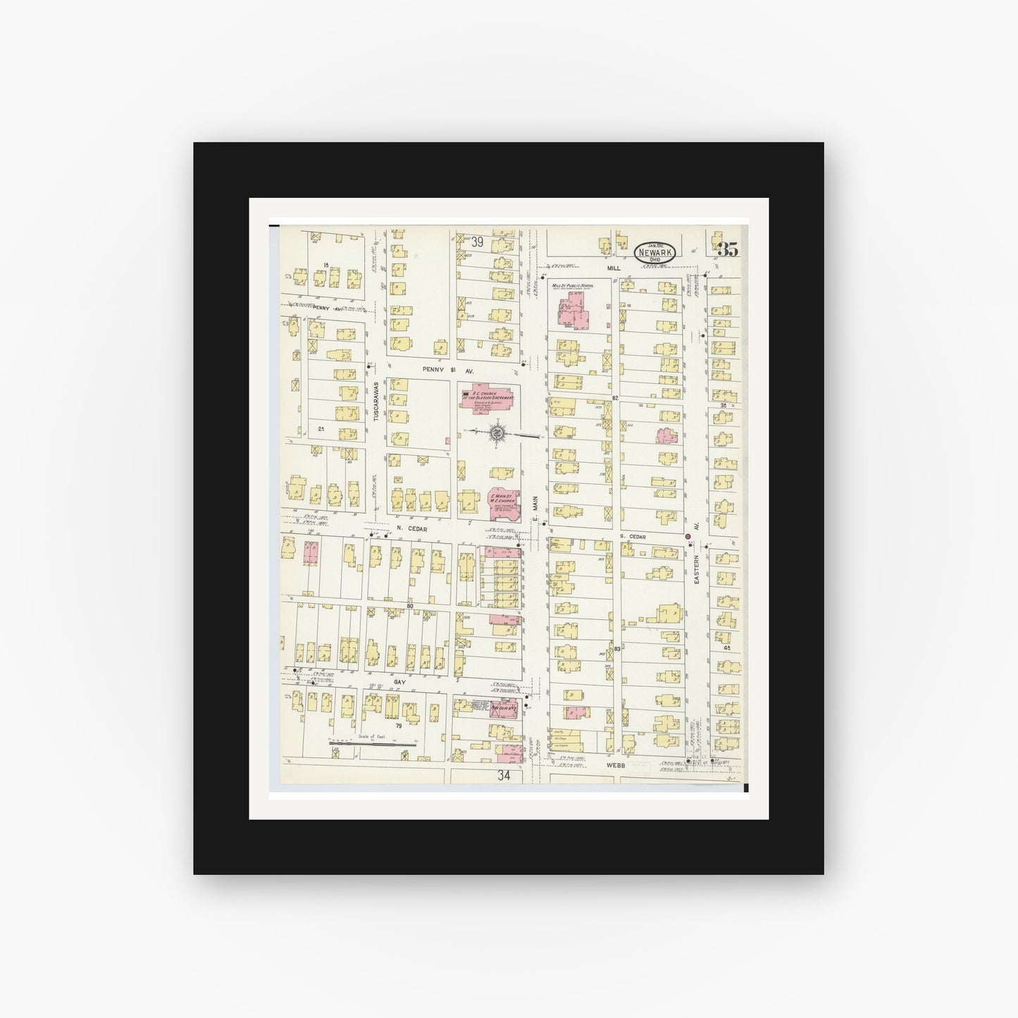 Old map wall art mockup — black gallery frame with white mat — Sanborn Fire Insurance Map from Newark, Licking County, Ohio (1912), Sheet #0035