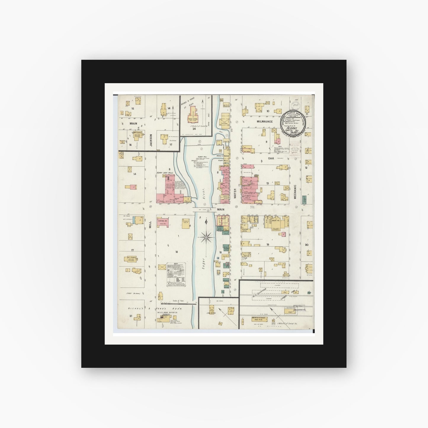 Old map wall art mockup — black gallery frame with white mat — Sanborn Fire Insurance Map from Albany, Green County, Wisconsin (1900), Sheet #0001