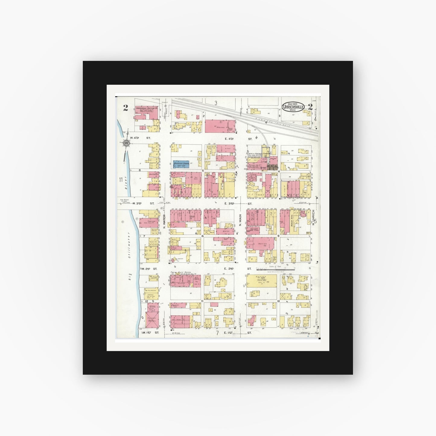 Old map wall art mockup — black gallery frame with white mat — Sanborn Fire Insurance Map from Uhrichsville, Tuscarawas County, Ohio (1923), Sheet #0002