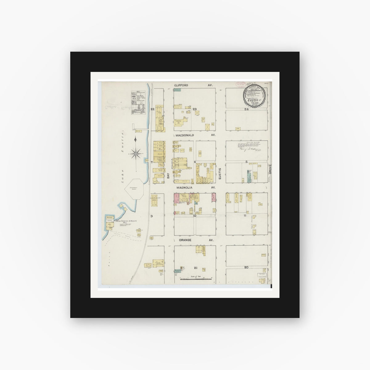 Old map wall art mockup — black gallery frame with white mat — Sanborn Fire Insurance Map from Eustis, Lake County, Florida (1890), Sheet #0001
