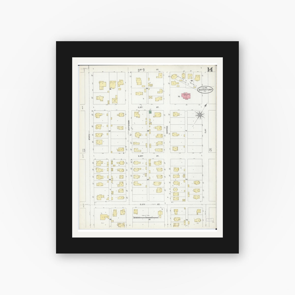 Old map wall art mockup — black gallery frame with white mat — Sanborn Fire Insurance Map from Beardstown, Cass County, Illinois (1906), Sheet #0014