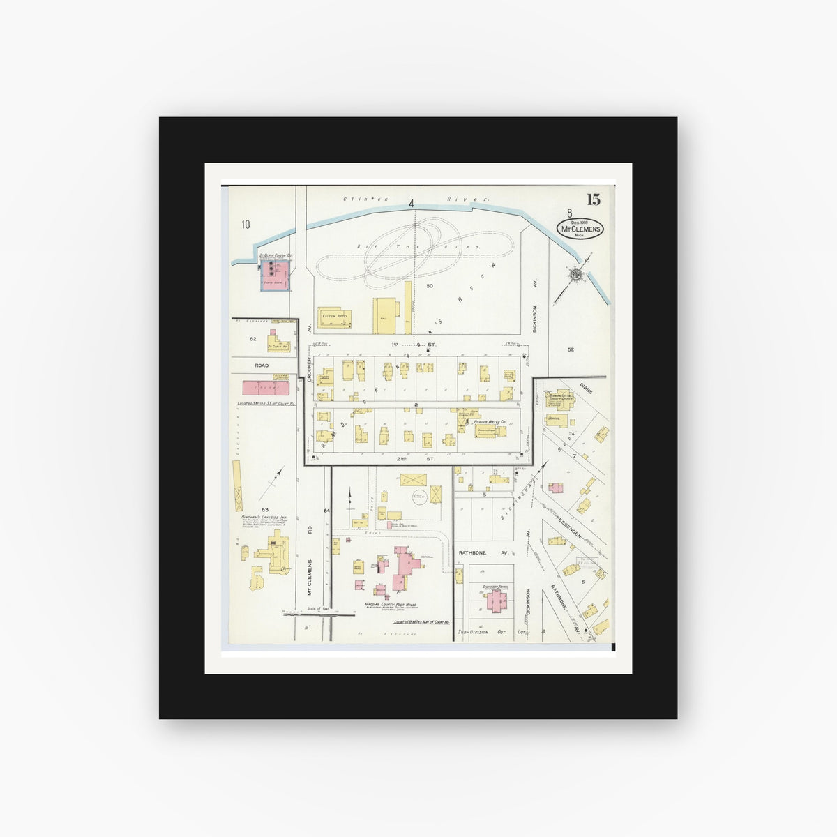 Old map wall art mockup — black gallery frame with white mat — Sanborn Fire Insurance Map from Mount Clemens, Macomb County, Michigan (1909), Sheet #0015