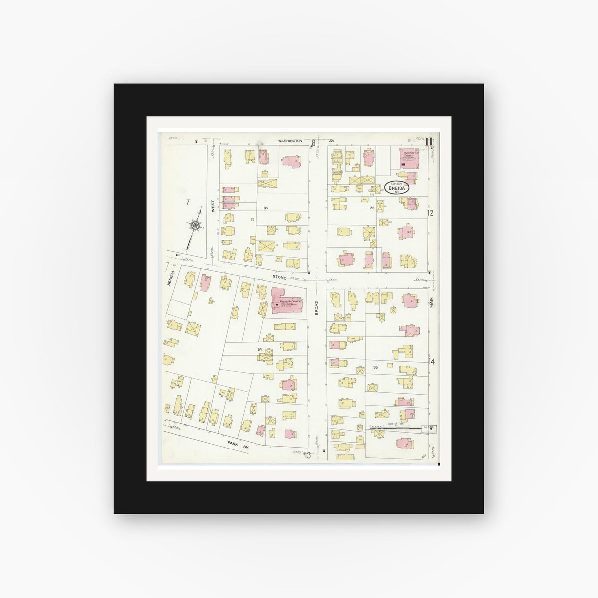 Old map wall art mockup — black gallery frame with white mat — Sanborn Fire Insurance Map from Oneida, Madison County, New York (1909), Sheet #0011