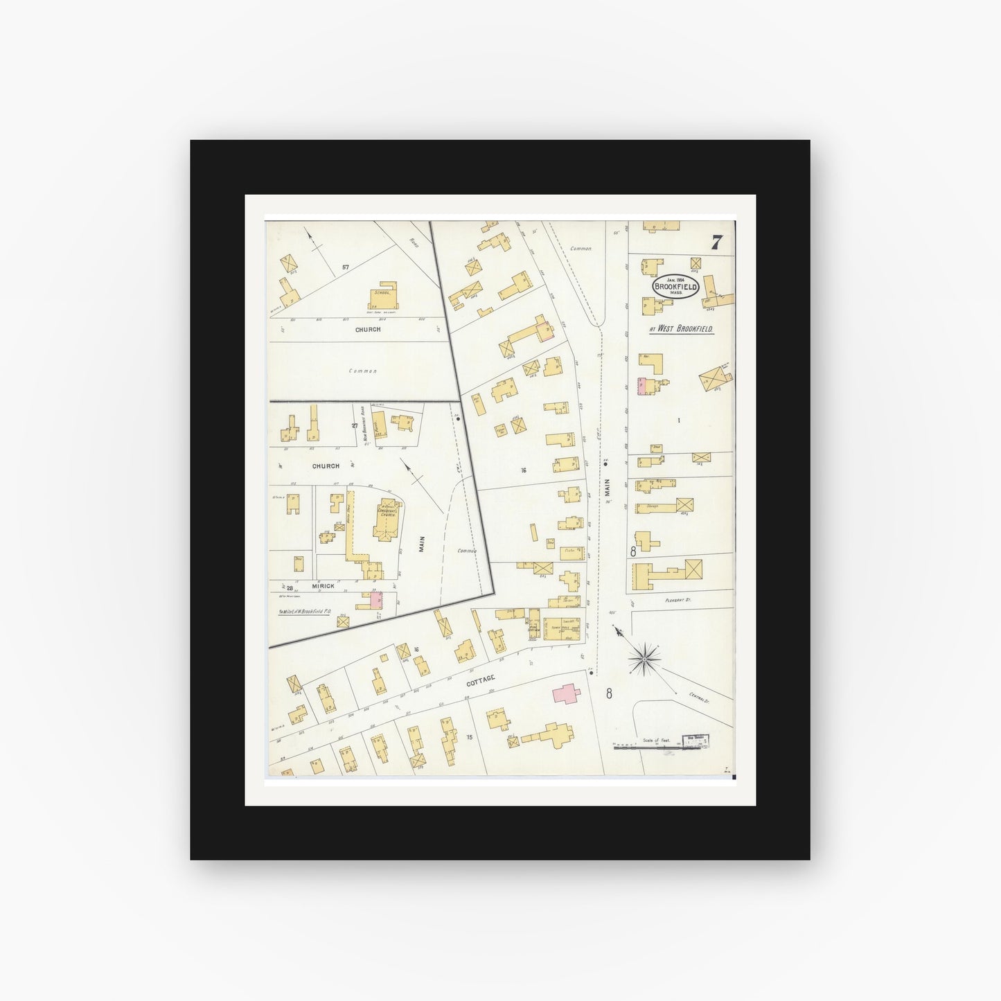 Old map wall art mockup — black gallery frame with white mat — Sanborn Fire Insurance Map from Brookfield, Worcester County, Massachusetts (1904), Sheet #0007