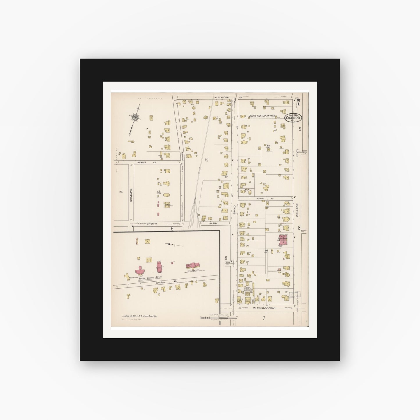 Old map wall art mockup — black gallery frame with white mat — Sanborn Fire Insurance Map from Oxford, Granville County, North Carolina (1922), Sheet #0007