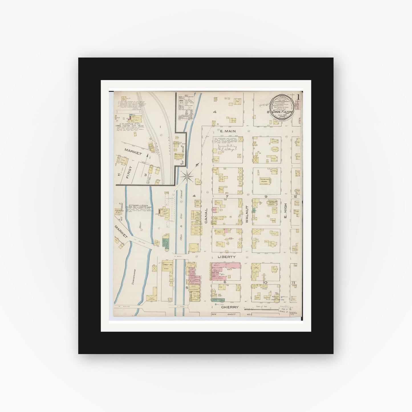 Old map wall art mockup — black gallery frame with white mat — Sanborn Fire Insurance Map from Canal Fulton, Stark County, Ohio (1885) - Complete Map Set
