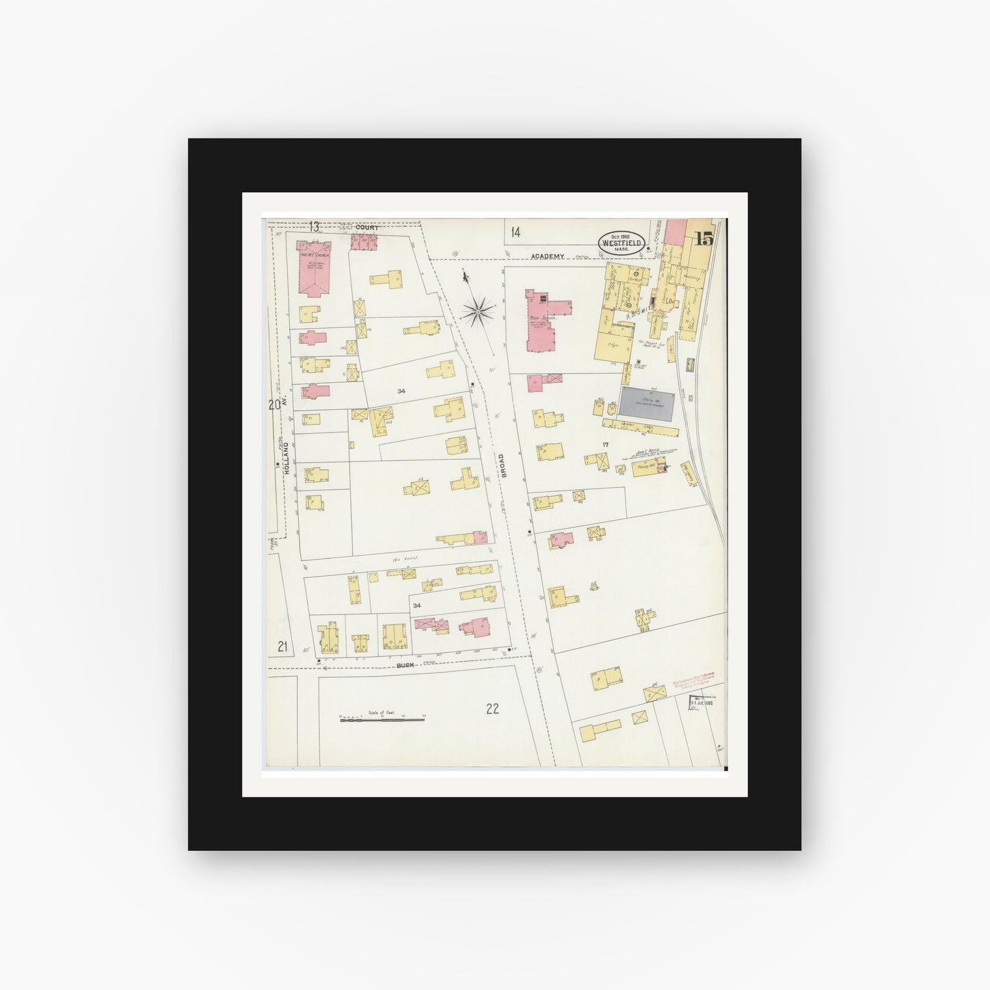 Old map wall art mockup — black gallery frame with white mat — Sanborn Fire Insurance Map from Westfield, Hampden County, Massachusetts (1905), Sheet #0015