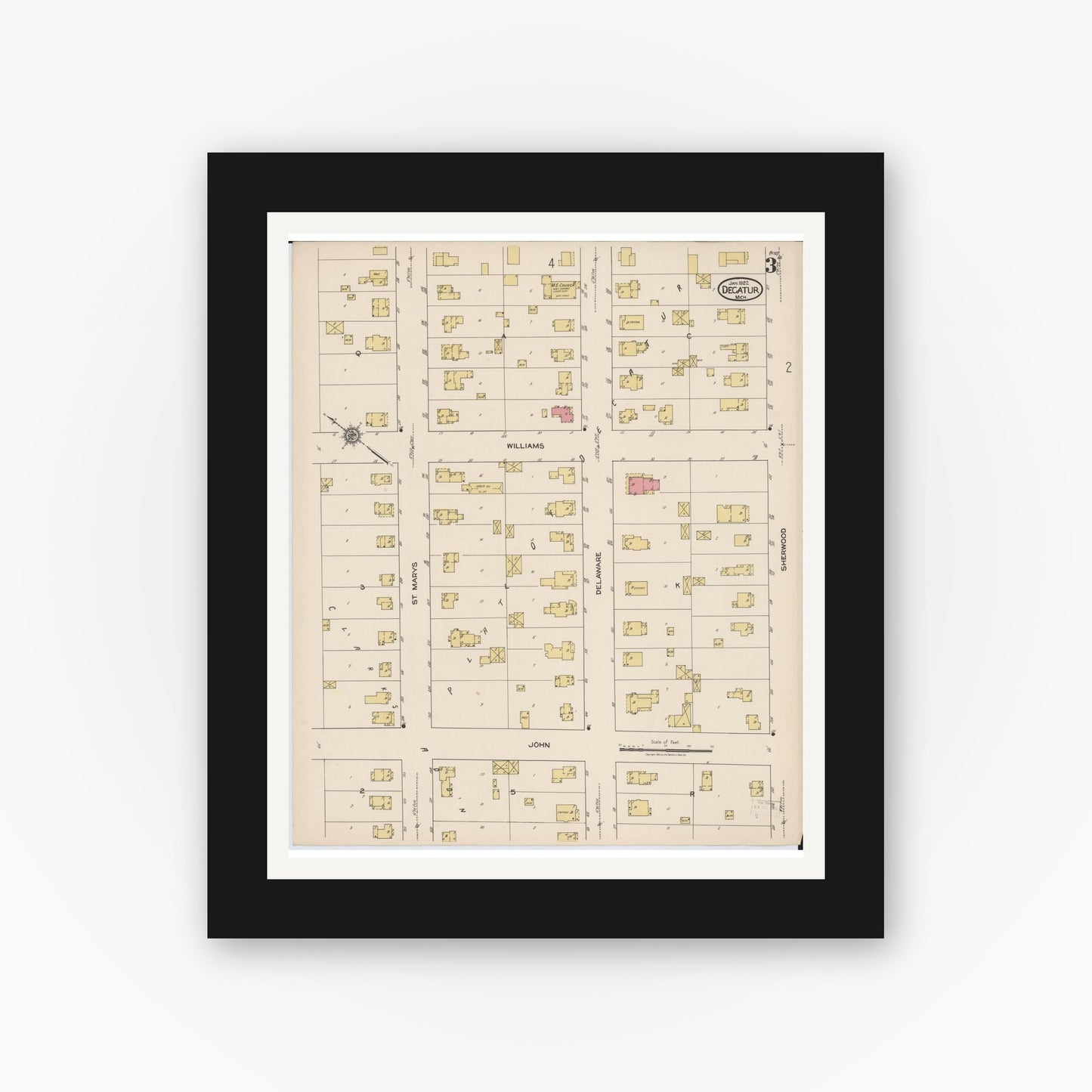 Old map wall art mockup — black gallery frame with white mat — Sanborn Fire Insurance Map from Decatur, Van Buren County, Michigan (1922), Sheet #0003