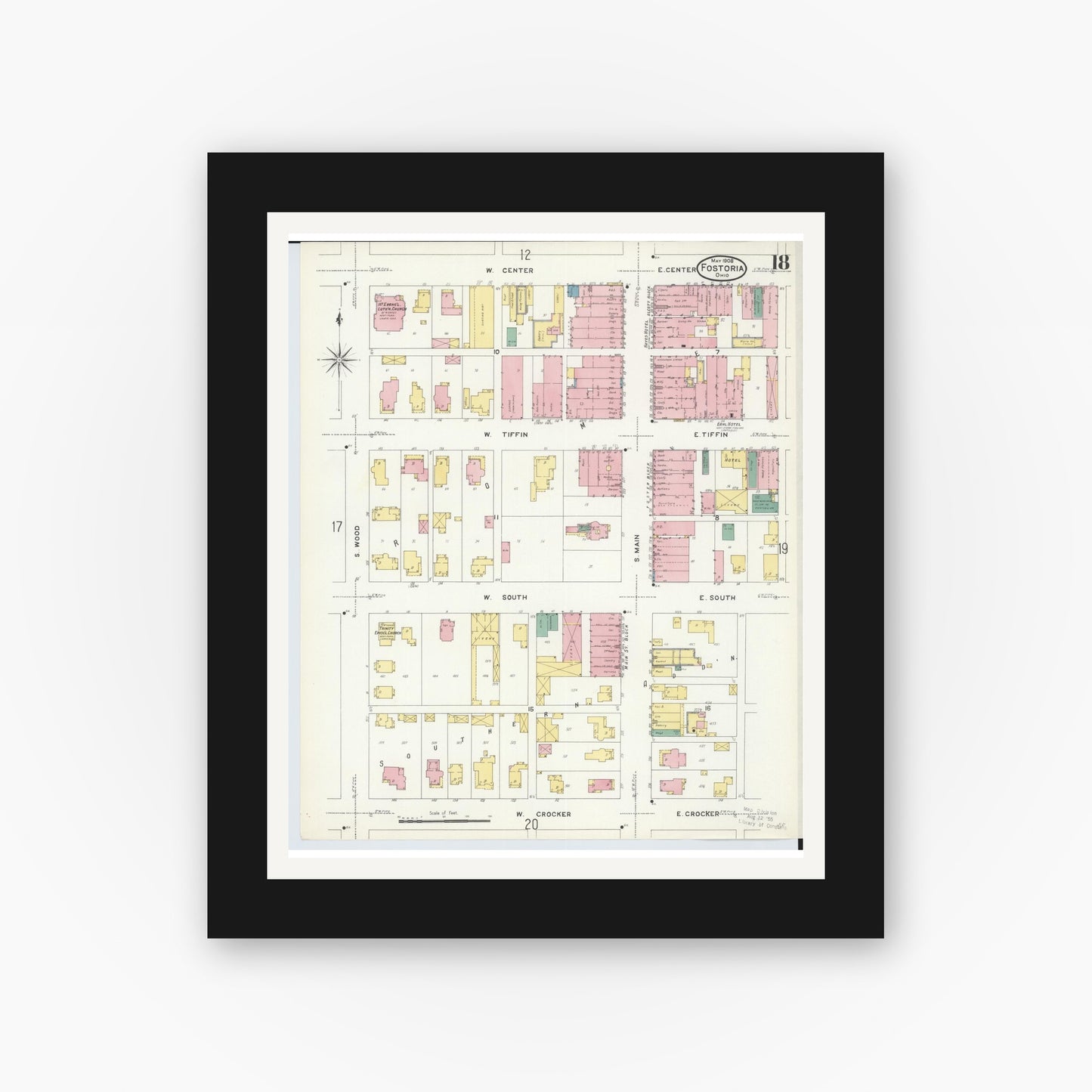Old map wall art mockup — black gallery frame with white mat — Sanborn Fire Insurance Map from Fostoria, Seneca, Hancock, And Wood Counties, Ohio (1908), Sheet #0018
