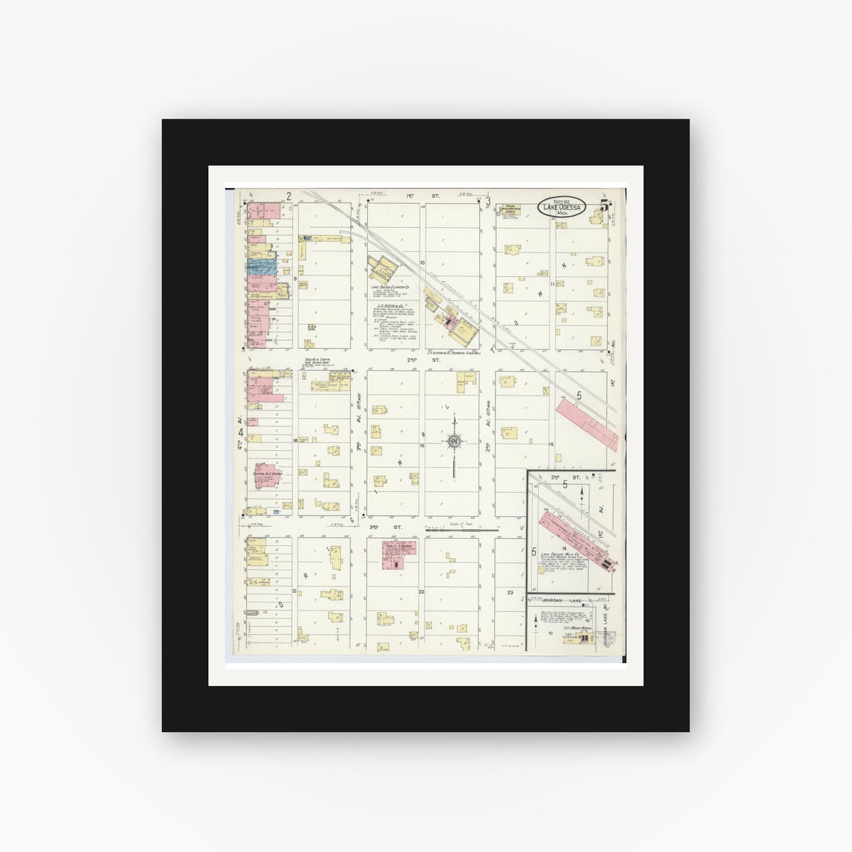 Old map wall art mockup — black gallery frame with white mat — Sanborn Fire Insurance Map from Lake Odessa, Ionia County, Michigan (1912), Sheet #0005