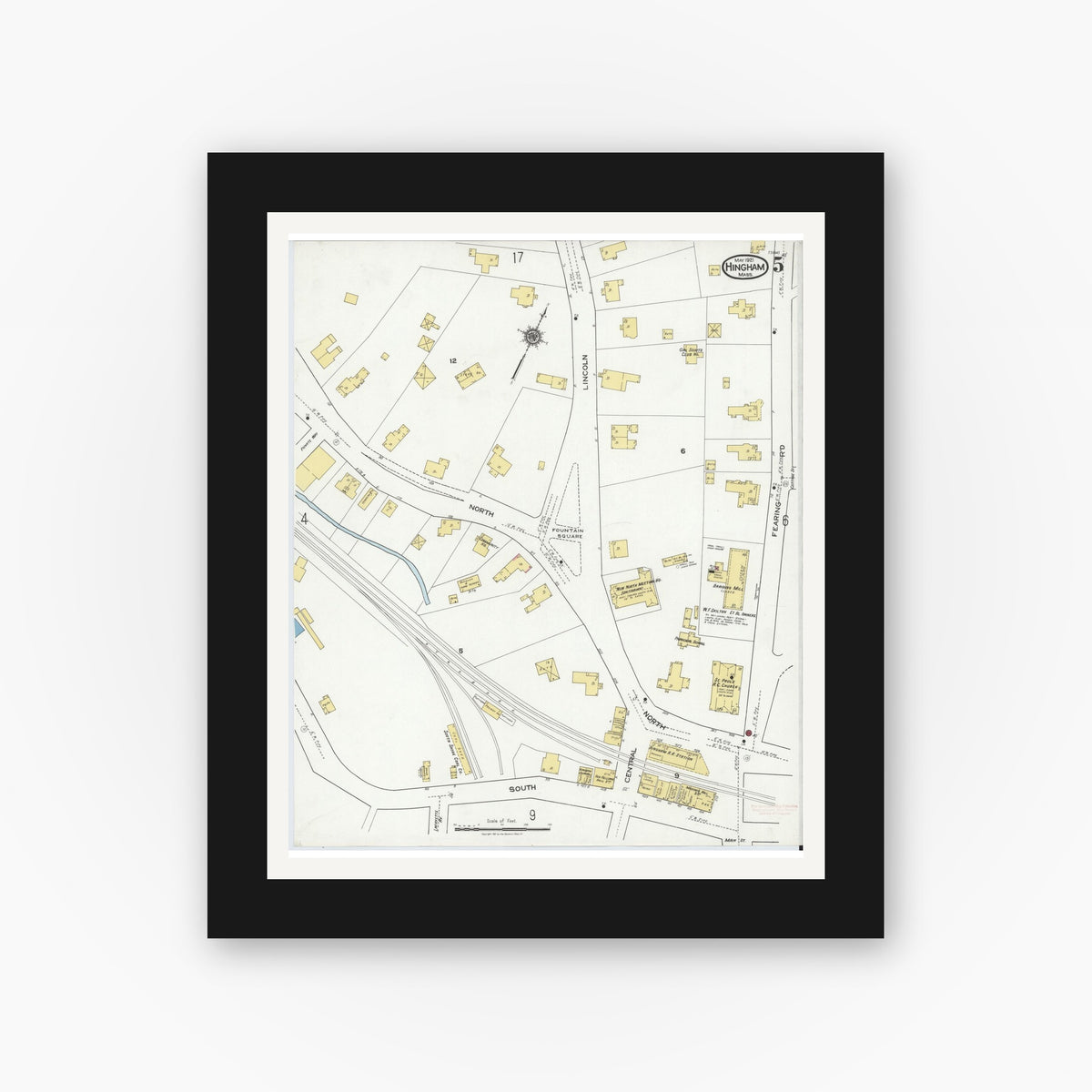 Old map wall art mockup — black gallery frame with white mat — Sanborn Fire Insurance Map from Hingham, Plymouth County, Massachusetts (1921), Sheet #0005