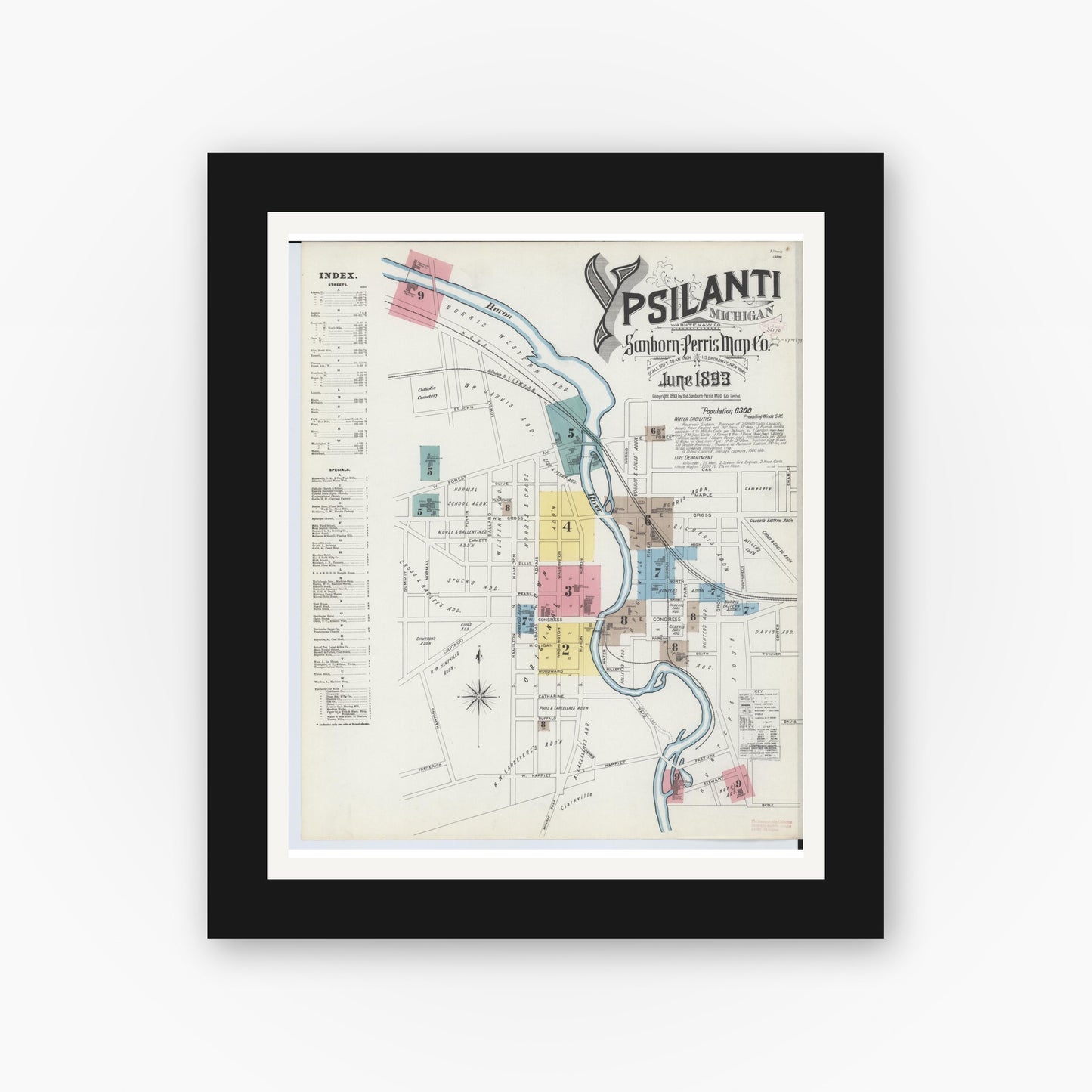 Old map wall art mockup — black gallery frame with white mat — Sanborn Fire Insurance Map from Ypsilanti, Washtenaw County, Michigan (1893) - Complete Map Set