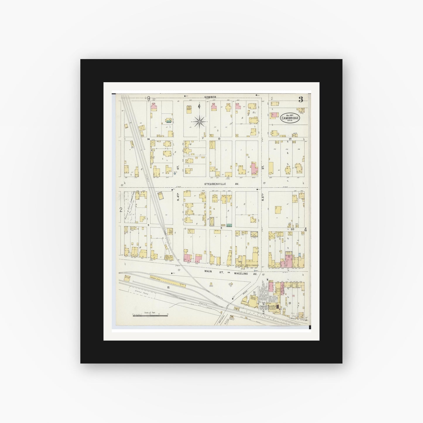 Old map wall art mockup — black gallery frame with white mat — Sanborn Fire Insurance Map from Cambridge, Guernsey County, Ohio (1897), Sheet #0003