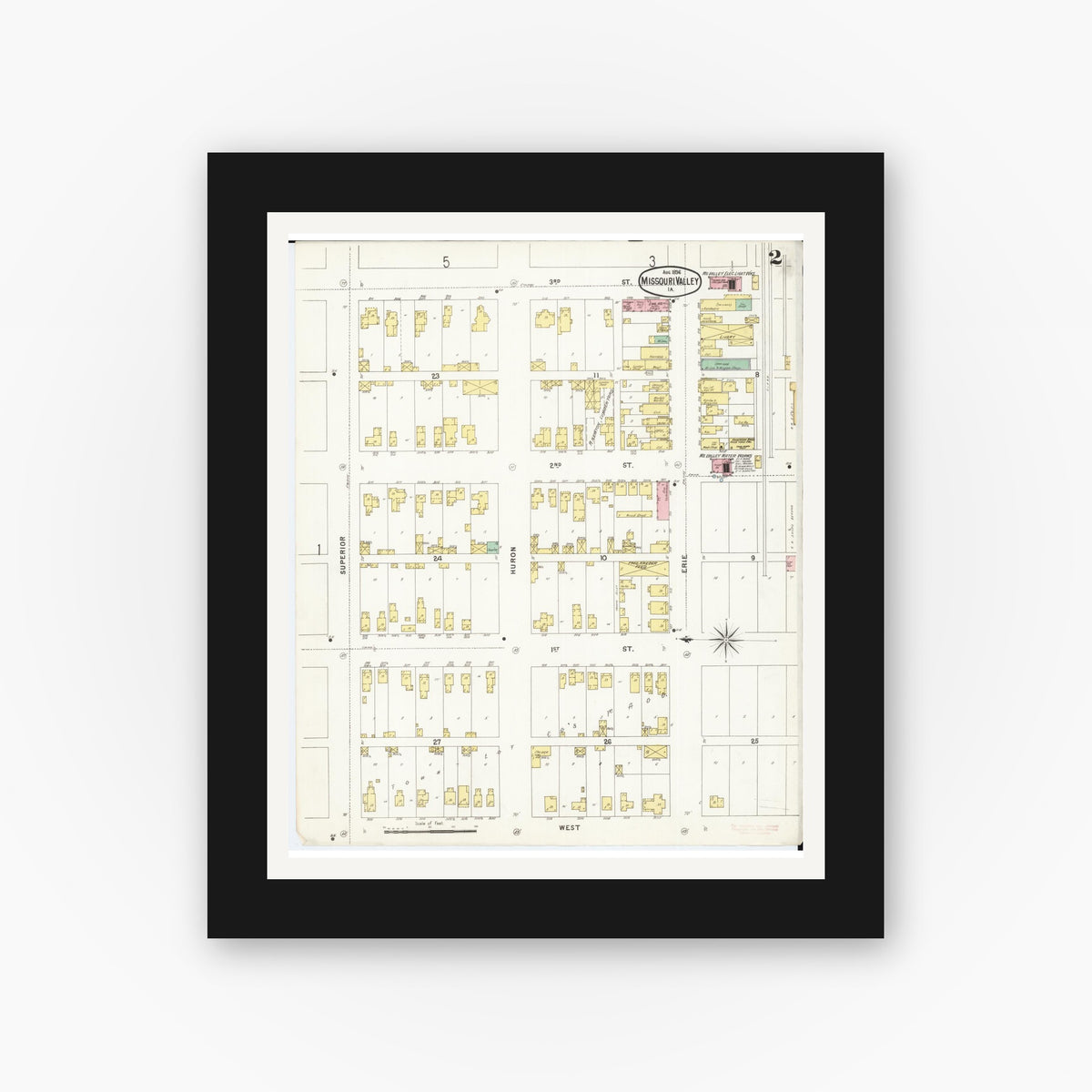 Old map wall art mockup — black gallery frame with white mat — Sanborn Fire Insurance Map from Missouri Valley, Harrison County, Iowa (1896), Sheet #0002