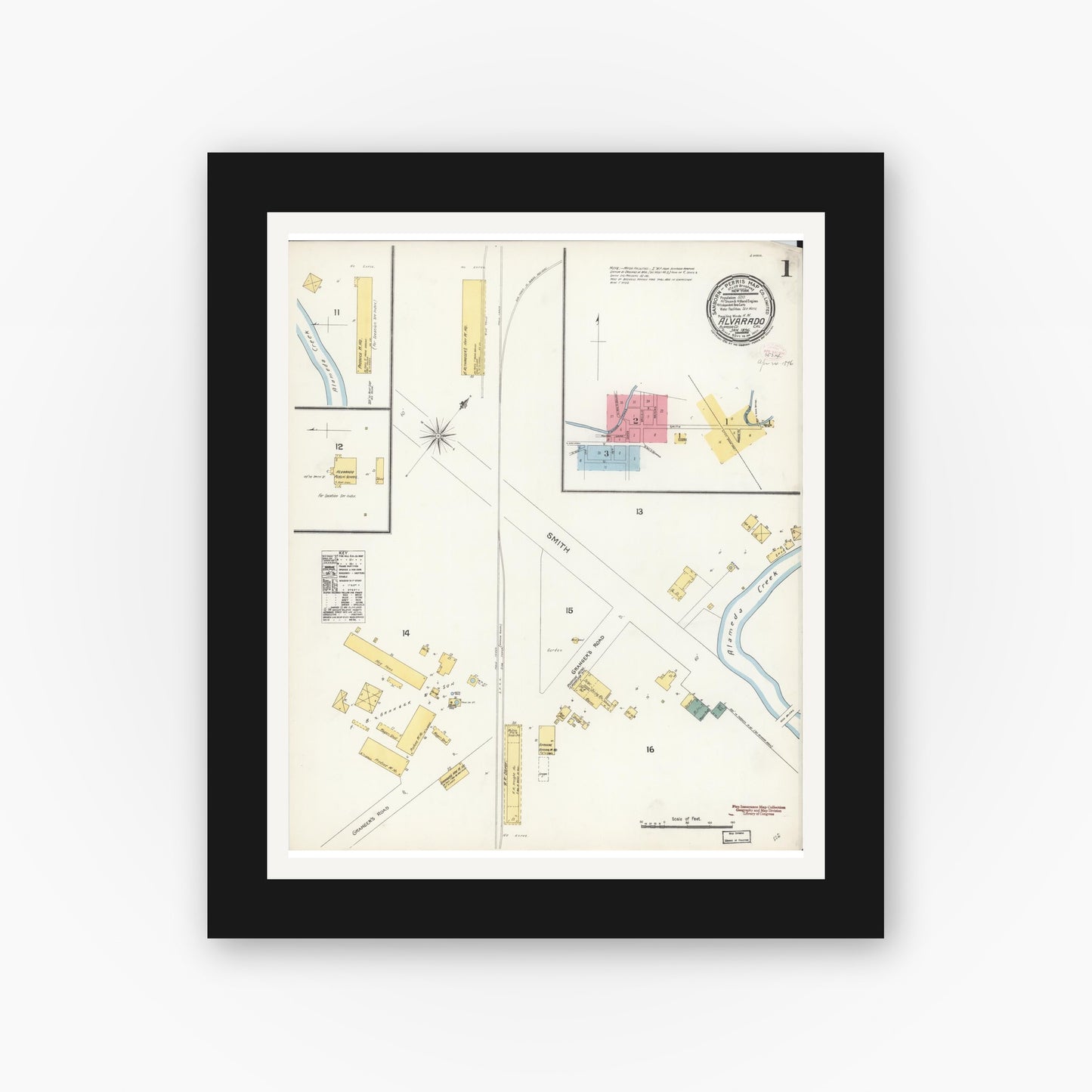 Old map wall art mockup — black gallery frame with white mat — Sanborn Fire Insurance Map from Alvarado, Alameda County, California (1896), Sheet #0001