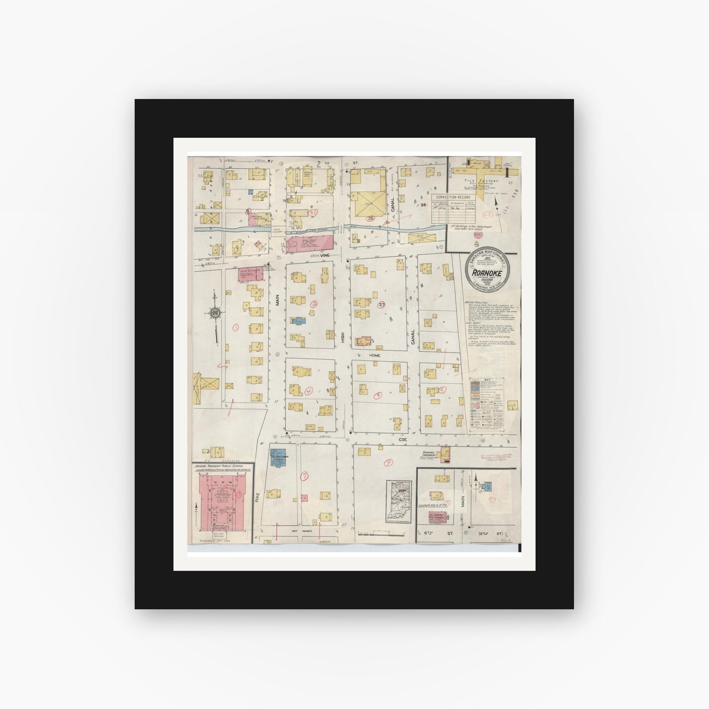 Old map wall art mockup — black gallery frame with white mat — Sanborn Fire Insurance Map from Roanoke, Huntington County, Indiana (1933) - Complete Map Set