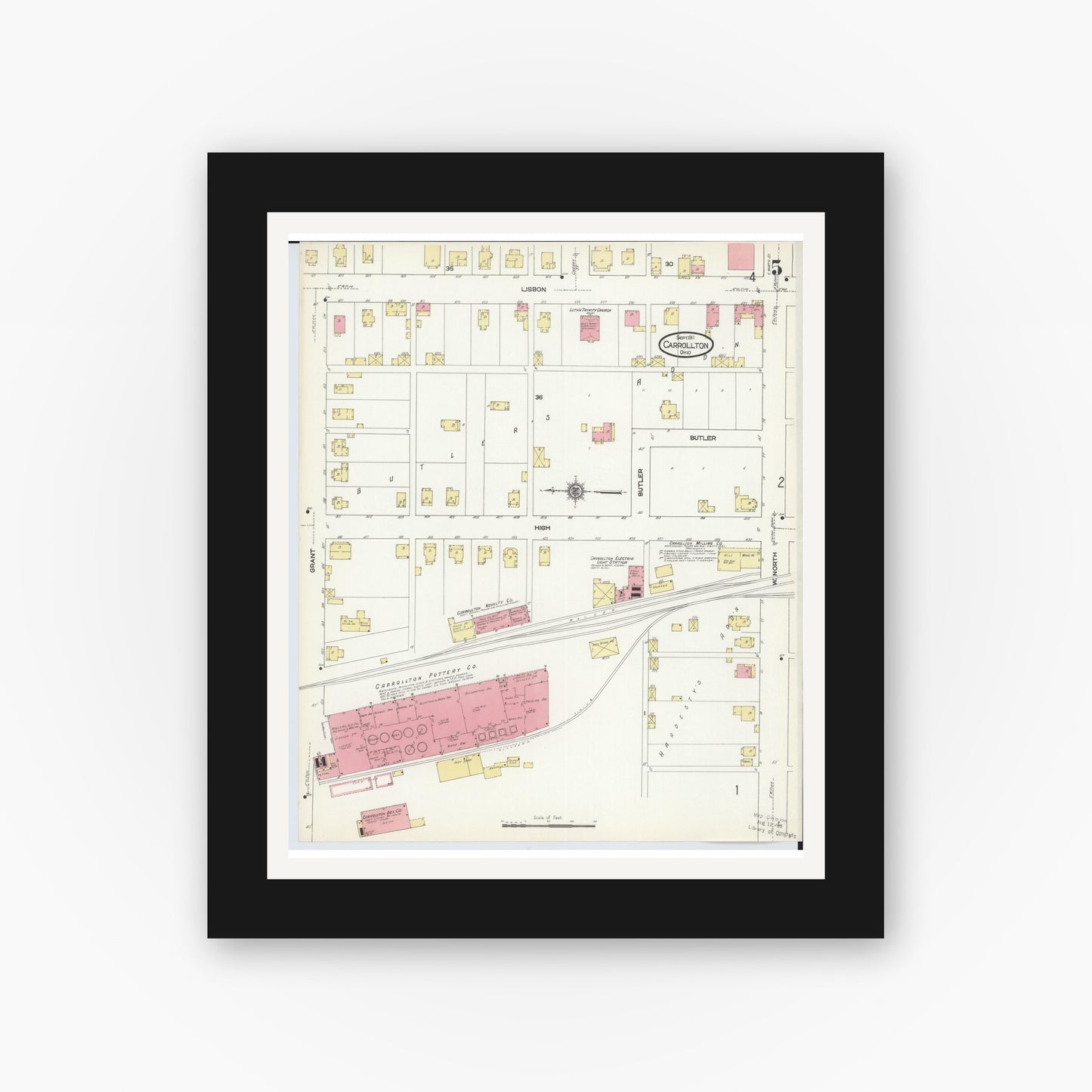 Old map wall art mockup — black gallery frame with white mat — Sanborn Fire Insurance Map from Carrollton, Carroll County, Ohio (1911), Sheet #0005