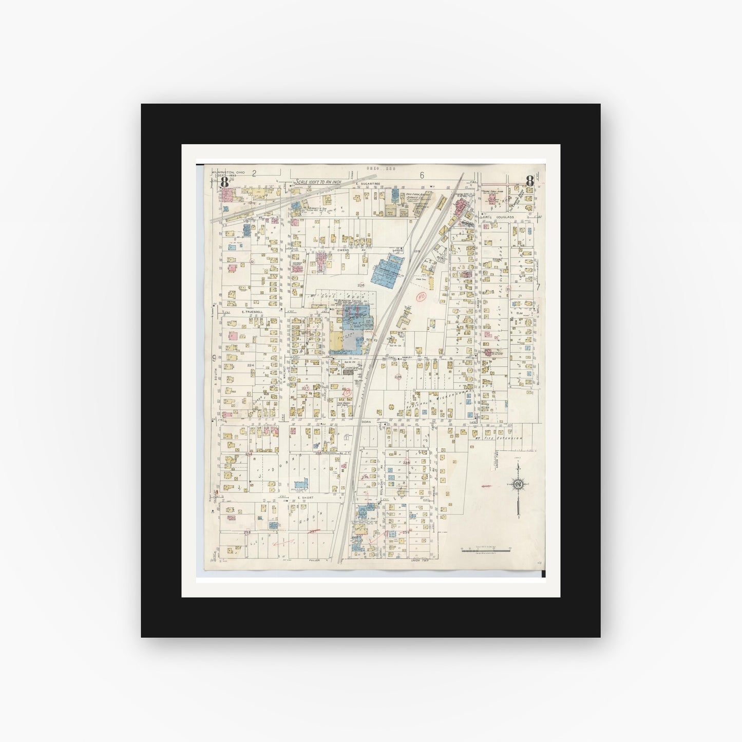 Old map wall art mockup — black gallery frame with white mat — Sanborn Fire Insurance Map from Wilmington, Clinton County, Ohio (1949), Sheet #0008