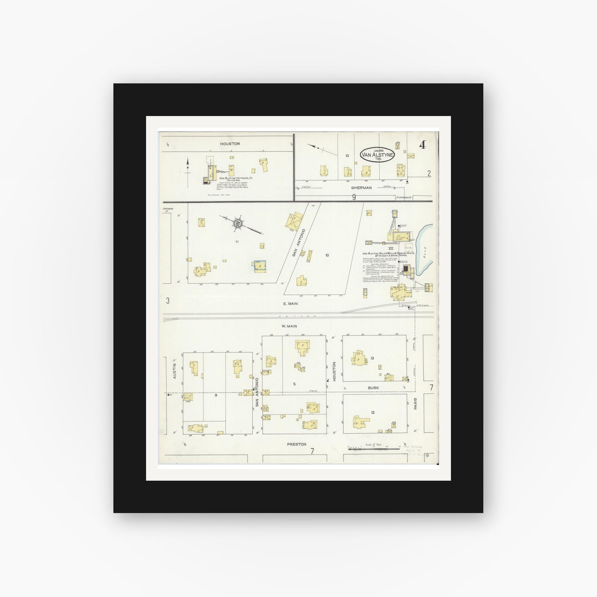 Old map wall art mockup — black gallery frame with white mat — Sanborn Fire Insurance Map from Van Alstyne, Grayson County, Texas (1914), Sheet #0004