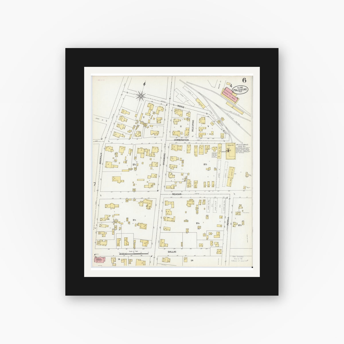 Old map wall art mockup — black gallery frame with white mat — Sanborn Fire Insurance Map from Palestine, Anderson County, Texas (1900), Sheet #0006