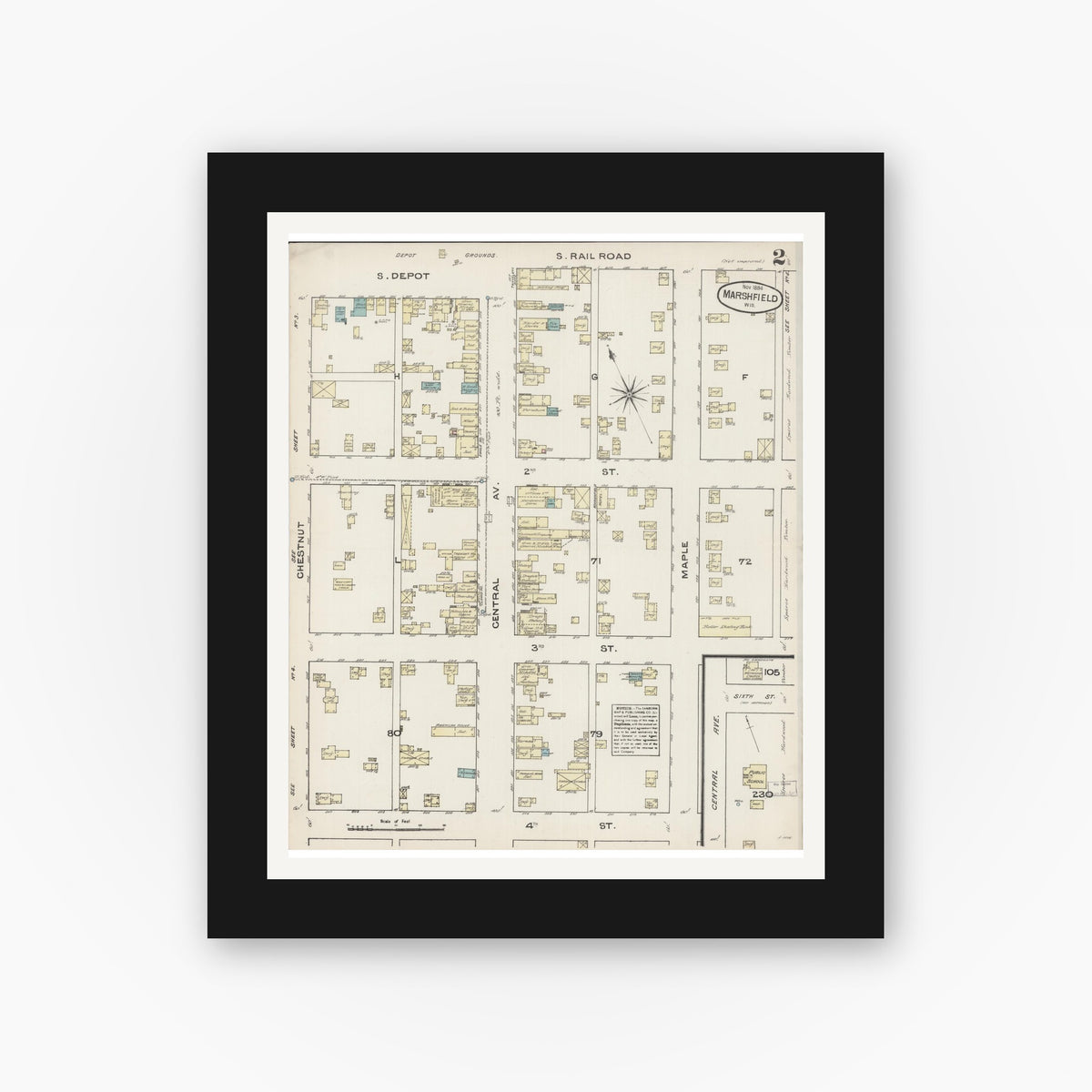 Old map wall art mockup — black gallery frame with white mat — Sanborn Fire Insurance Map from Marshfield, Wood County, Wisconsin (1884), Sheet #0002