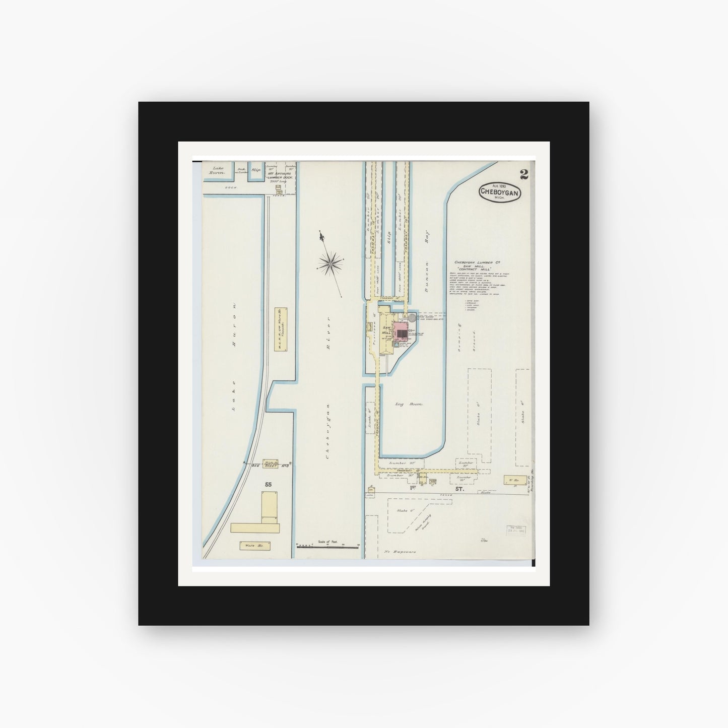 Old map wall art mockup — black gallery frame with white mat — Sanborn Fire Insurance Map from Cheboygan, Cheboygan County, Michigan (1890), Sheet #0002