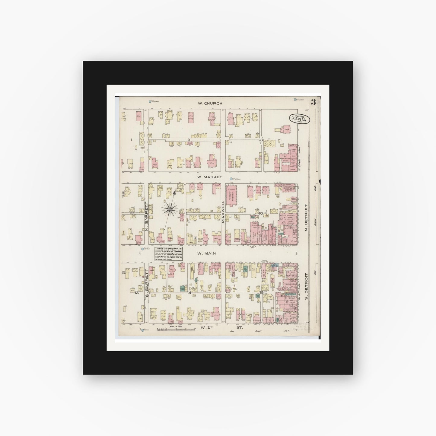 Old map wall art mockup — black gallery frame with white mat — Sanborn Fire Insurance Map from Xenia, Greene County, Ohio (1885), Sheet #0003