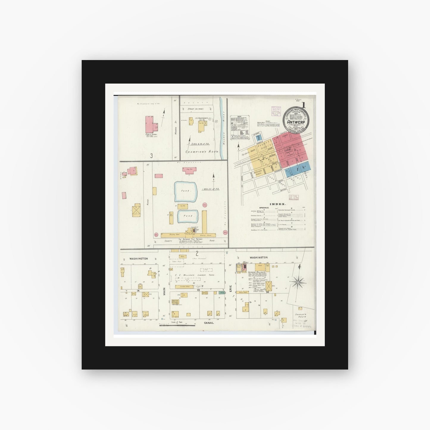 Old map wall art mockup β black gallery frame with white mat β Sanborn Fire Insurance Map from Antwerp, Paulding County, Ohio (1905) - Complete Map Set