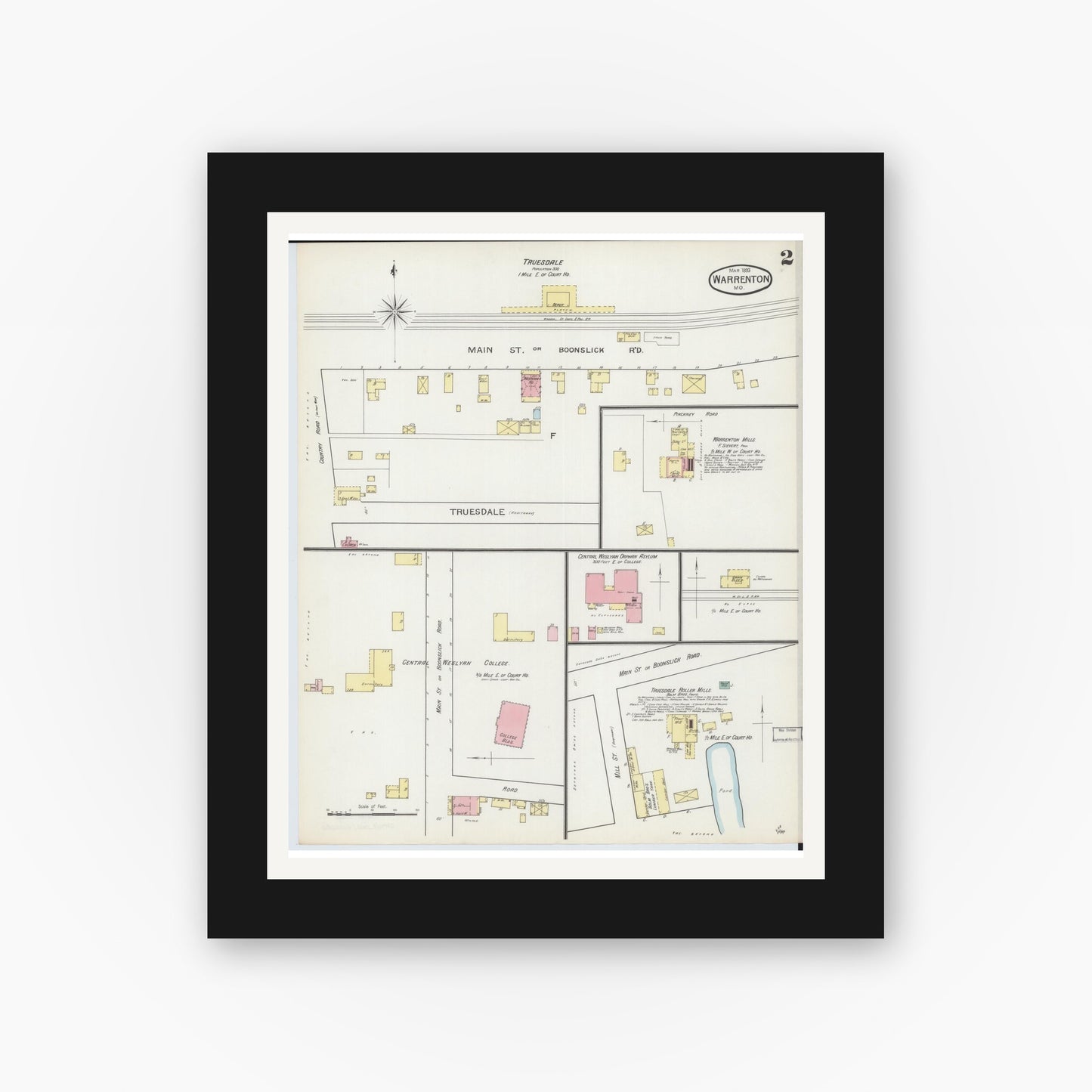 Old map wall art mockup — black gallery frame with white mat — Sanborn Fire Insurance Map from Warrenton, Warren County, Missouri (1893), Sheet #0002