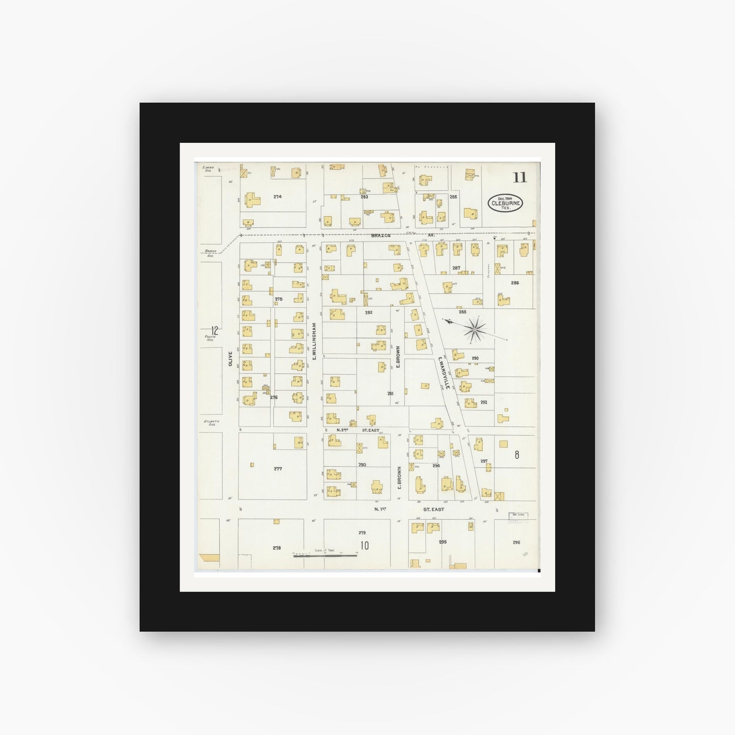 Old map wall art mockup — black gallery frame with white mat — Sanborn Fire Insurance Map from Cleburne, Johnson County, Texas (1904), Sheet #0011