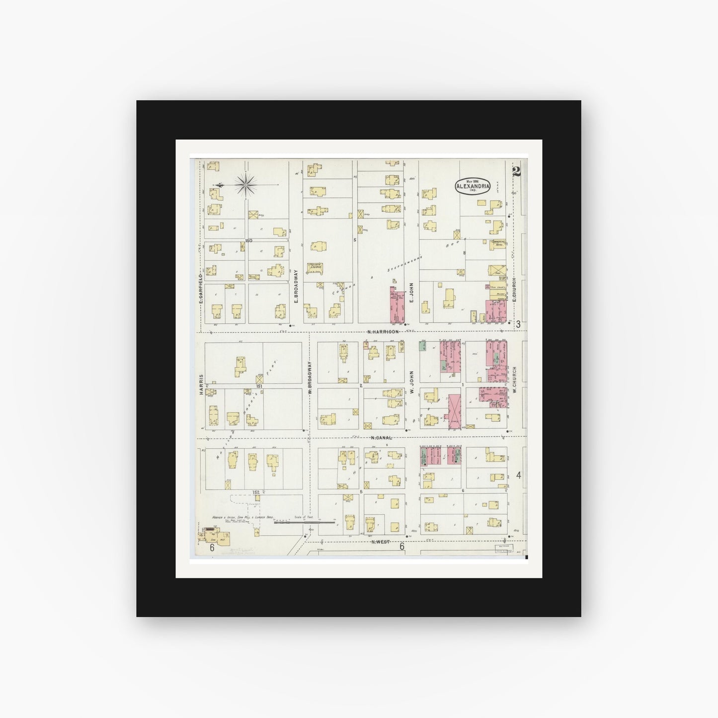 Old map wall art mockup — black gallery frame with white mat — Sanborn Fire Insurance Map from Alexandria, Madison County, Indiana (1896), Sheet #0002