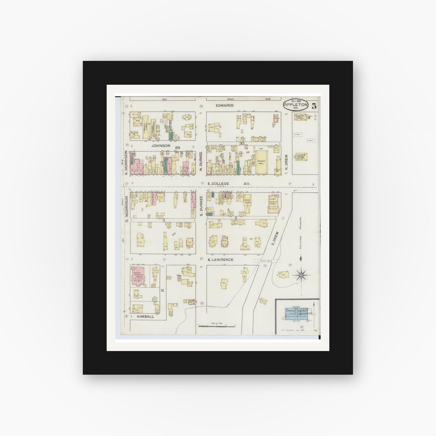 Old map wall art mockup — black gallery frame with white mat — Sanborn Fire Insurance Map from Appleton, Outagamie County, Wisconsin (1886), Sheet #0005