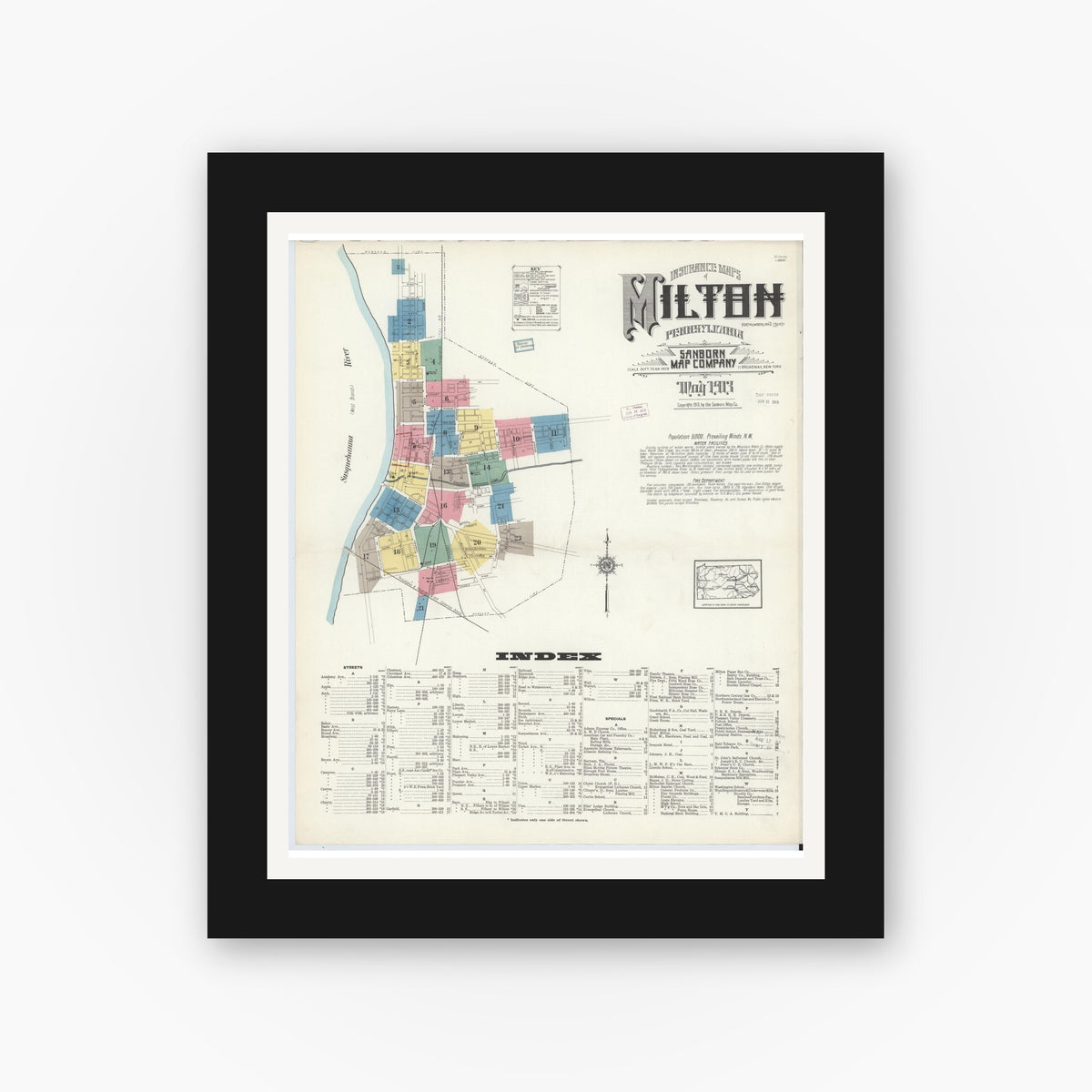 Old map wall art mockup — black gallery frame with white mat — Sanborn Fire Insurance Map from Milton, Northumberland County, Pennsylvania (1913) - Complete Map Set