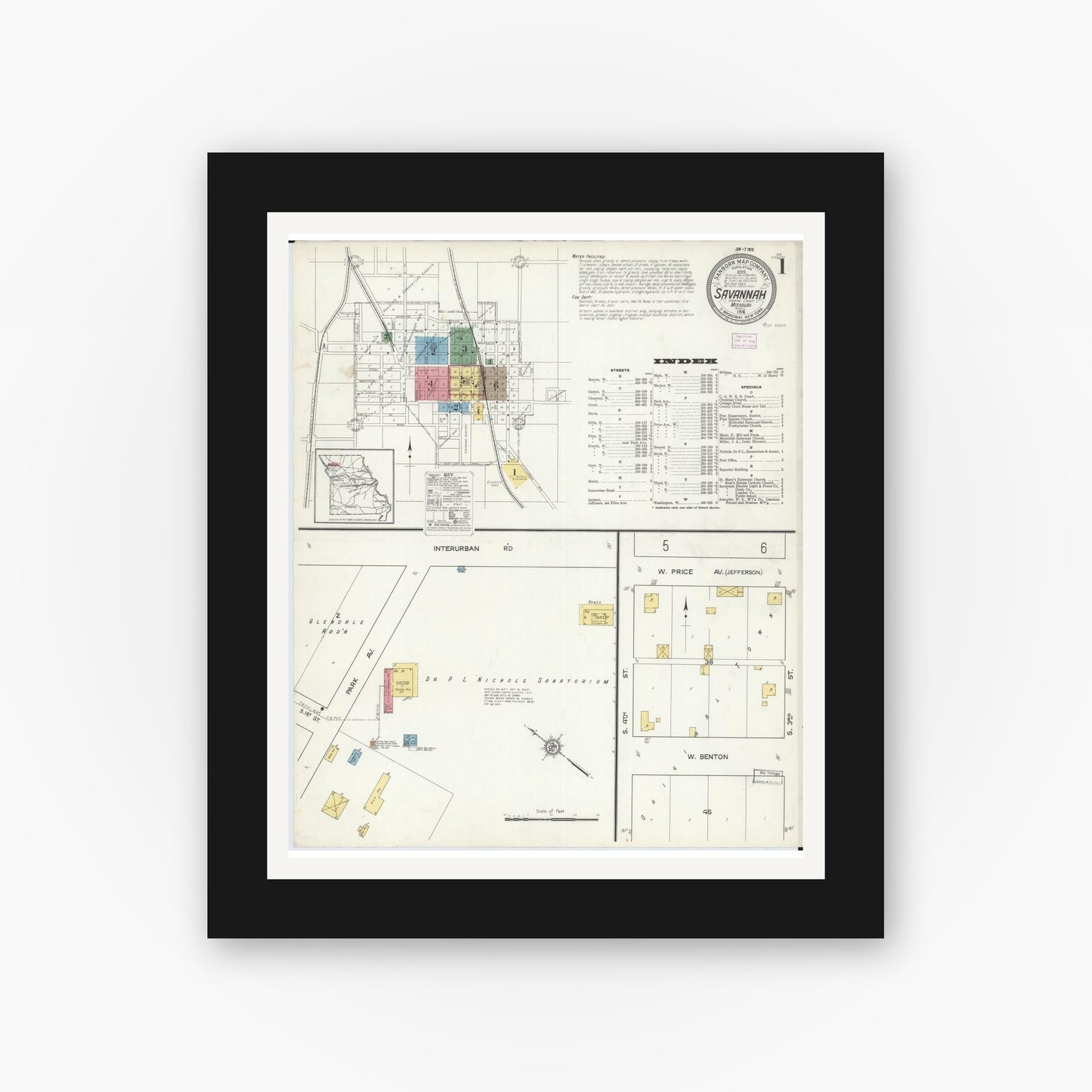 Old map wall art mockup — black gallery frame with white mat — Sanborn Fire Insurance Map from Savannah, Andrew County, Missouri (1916), Sheet #0001