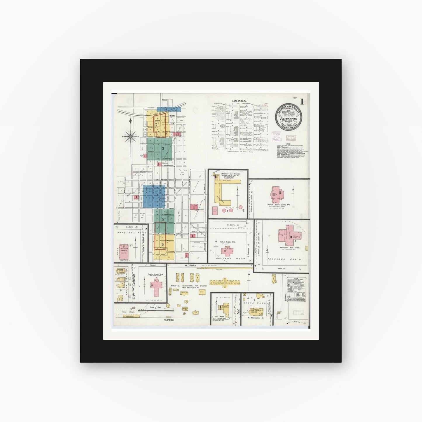 Old map wall art mockup — black gallery frame with white mat — Sanborn Fire Insurance Map from Princeton, Bureau County, Illinois (1906) - Complete Map Set