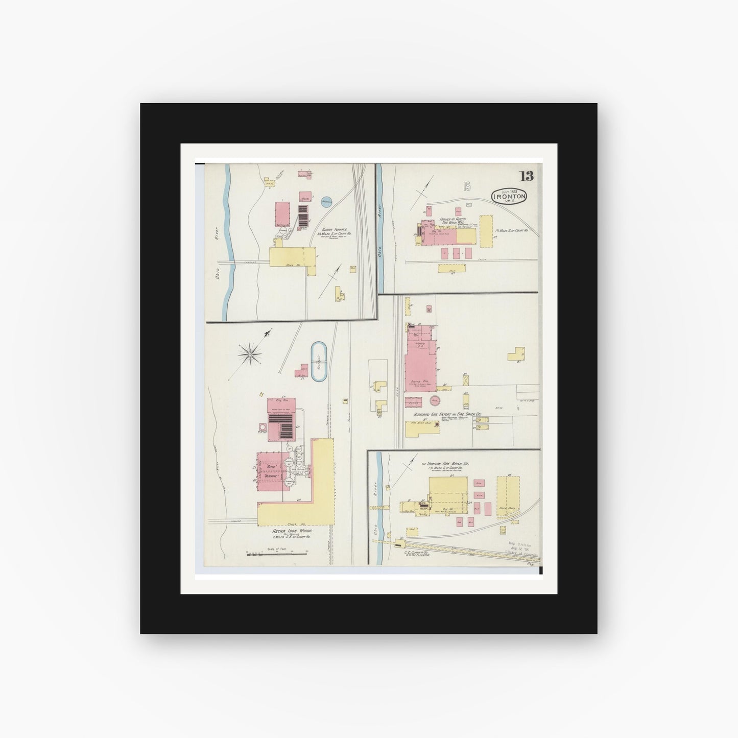 Old map wall art mockup — black gallery frame with white mat — Sanborn Fire Insurance Map from Ironton, Lawrence County, Ohio (1893), Sheet #0013