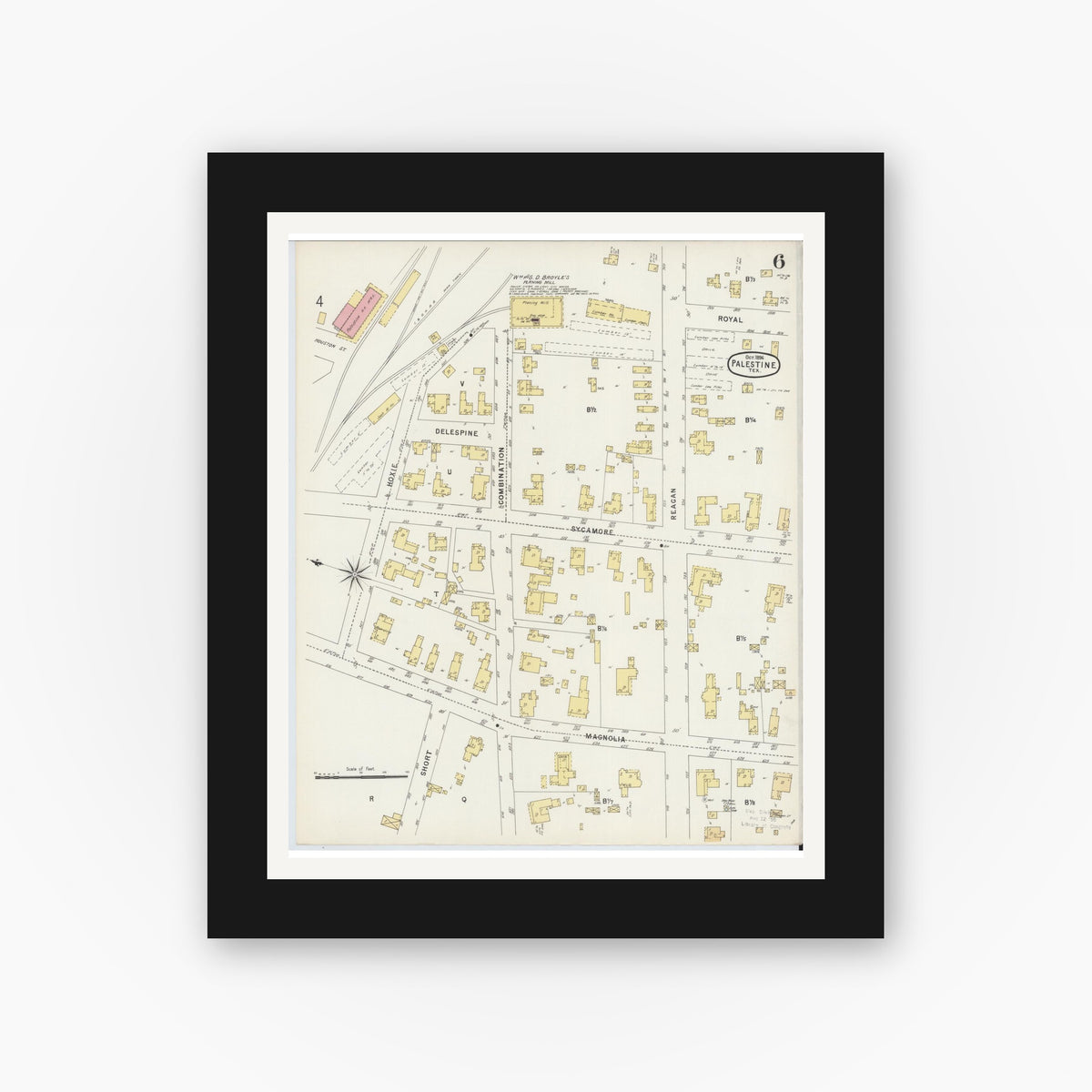 Old map wall art mockup — black gallery frame with white mat — Sanborn Fire Insurance Map from Palestine, Anderson County, Texas (1896), Sheet #0006
