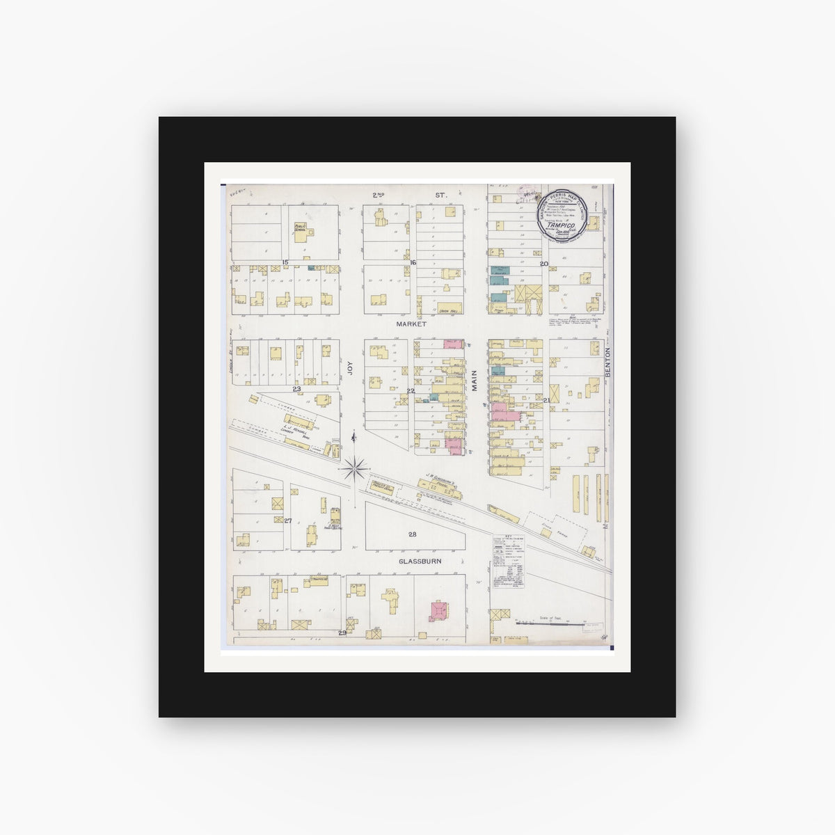 Old map wall art mockup — black gallery frame with white mat — Sanborn Fire Insurance Map from Tampico, Whiteside County, Illinois (1893), Sheet #0001