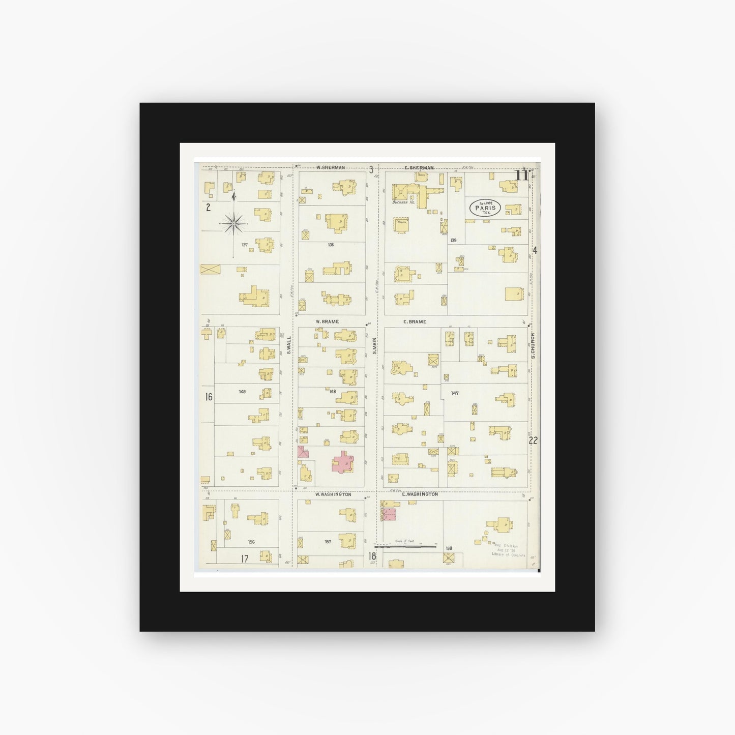 Old map wall art mockup — black gallery frame with white mat — Sanborn Fire Insurance Map from Paris, Lamar County, Texas (1902), Sheet #0011
