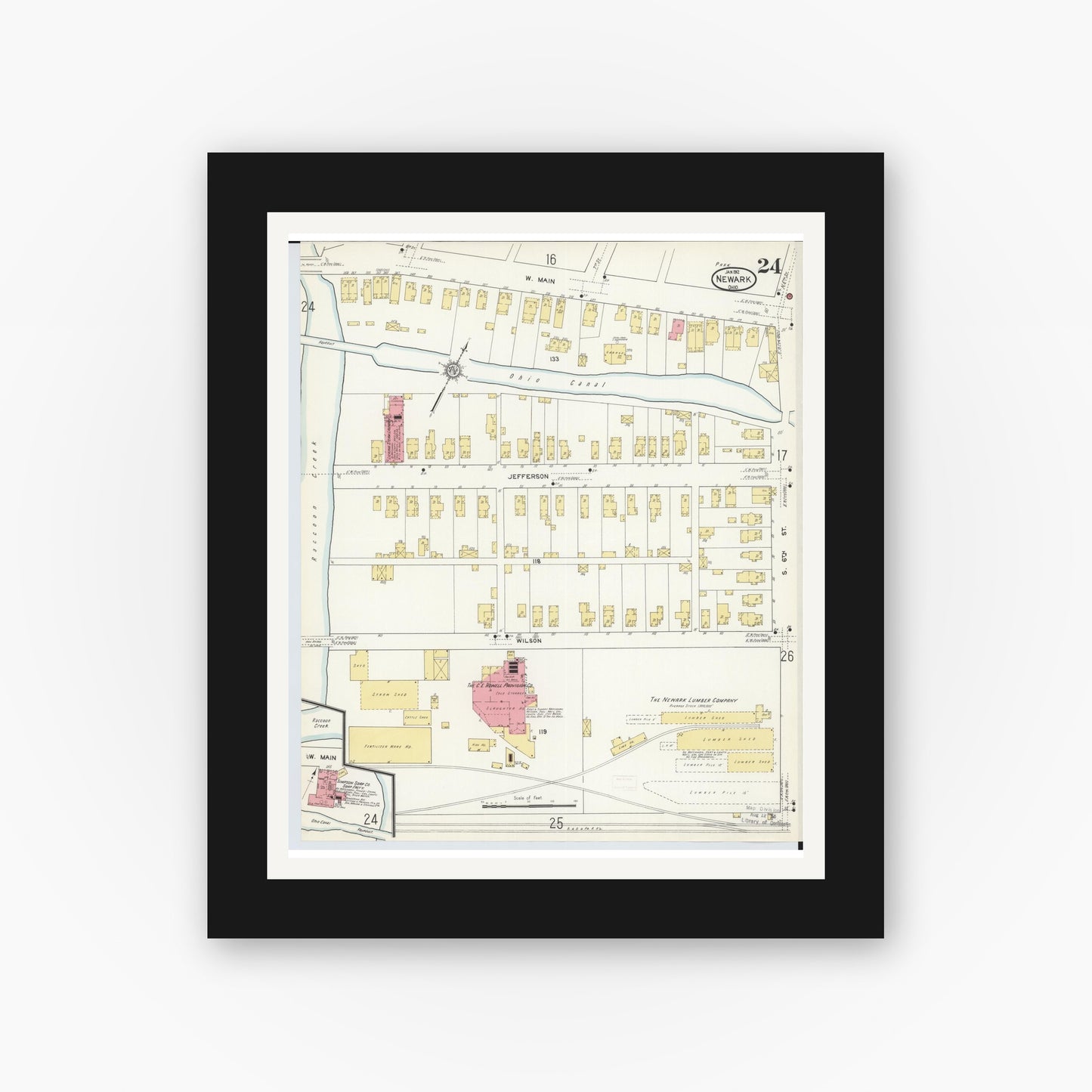 Old map wall art mockup — black gallery frame with white mat — Sanborn Fire Insurance Map from Newark, Licking County, Ohio (1912), Sheet #0024