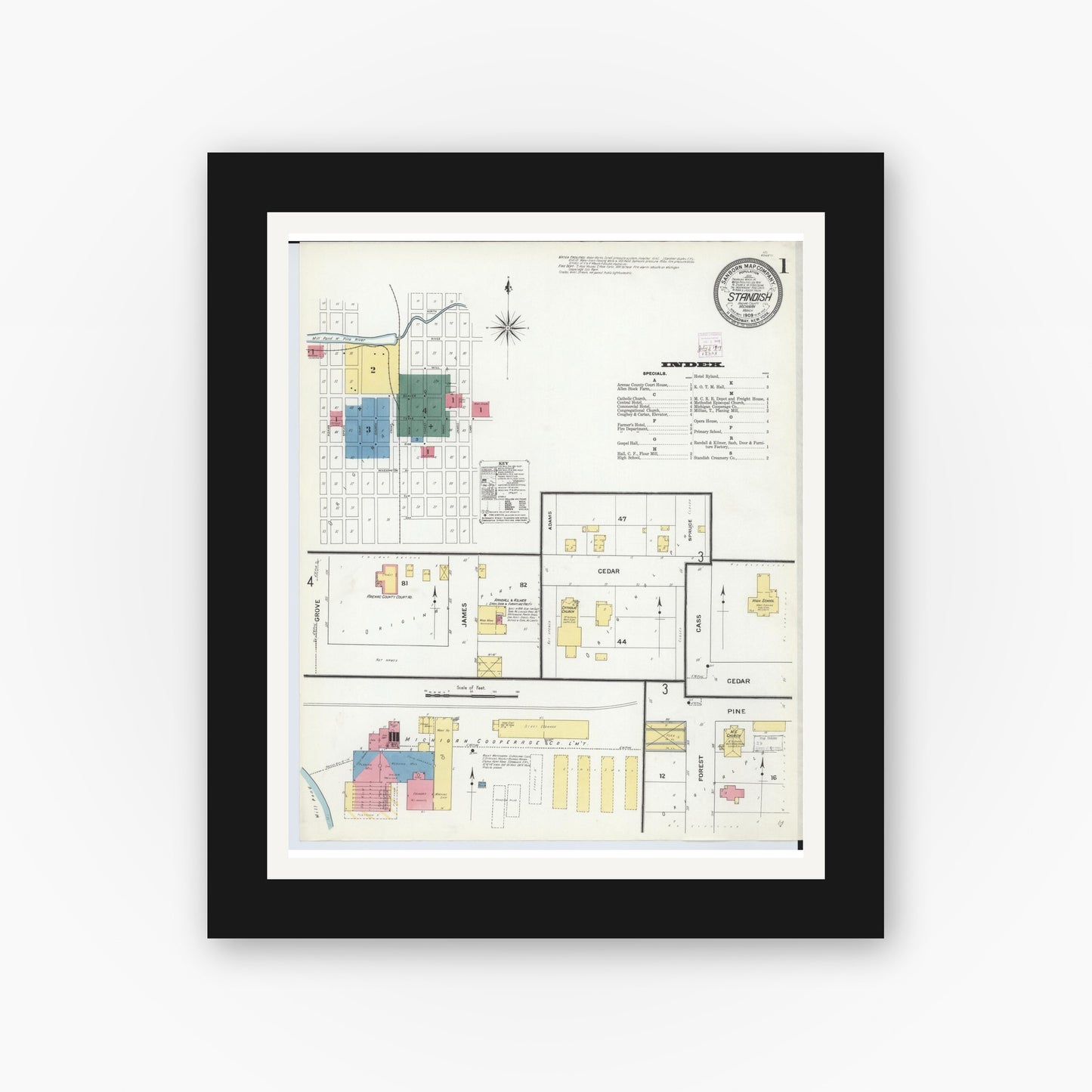 Old map wall art mockup — black gallery frame with white mat — Sanborn Fire Insurance Map from Standish, Arenac County, Michigan (1909) - Complete Map Set